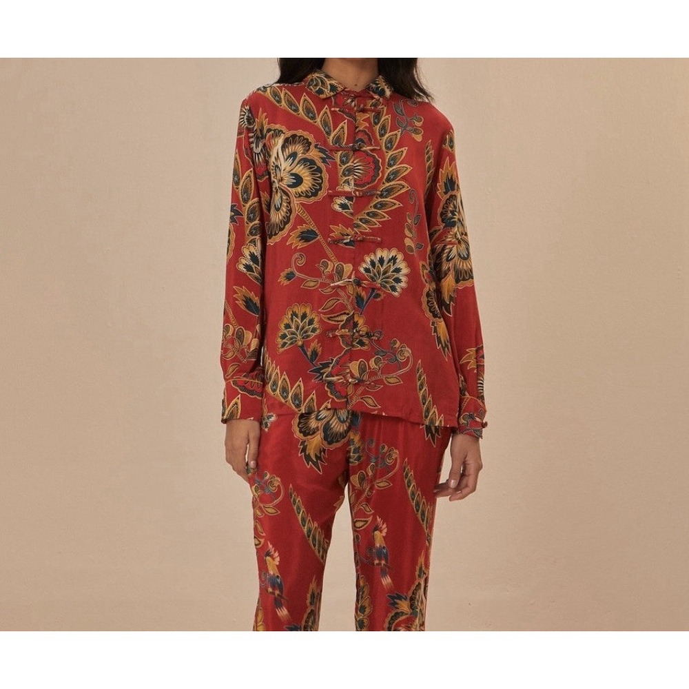 Farm Rio Red Maxi Pajama Shirt Floral Asian Inspired Tunic Top Artsy Colorful